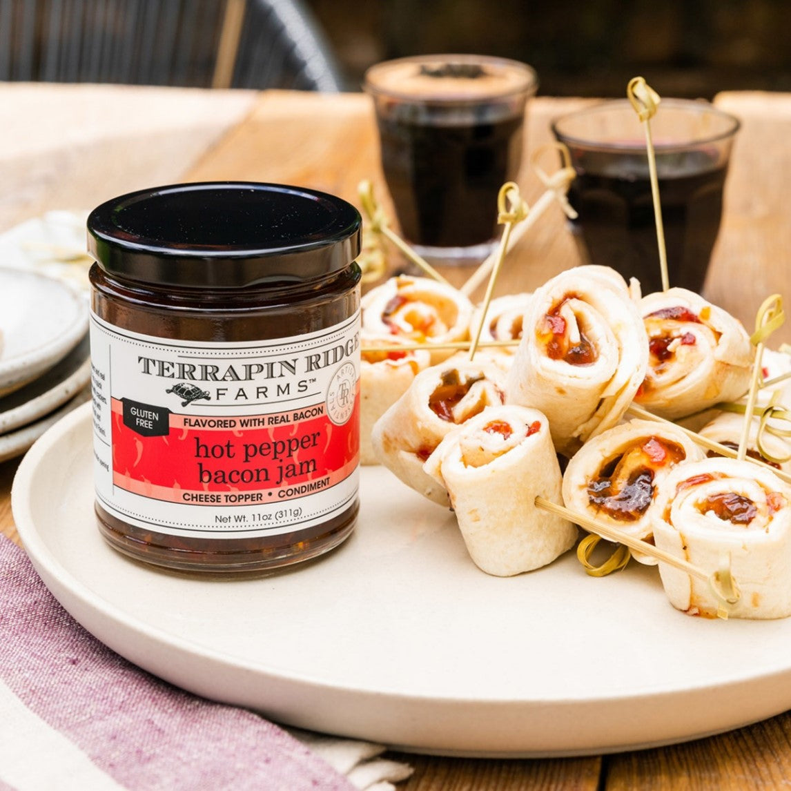 Pinwheels with Cream Cheese and Terrapin Ridge Farms Hot Pepper Bacon Jam