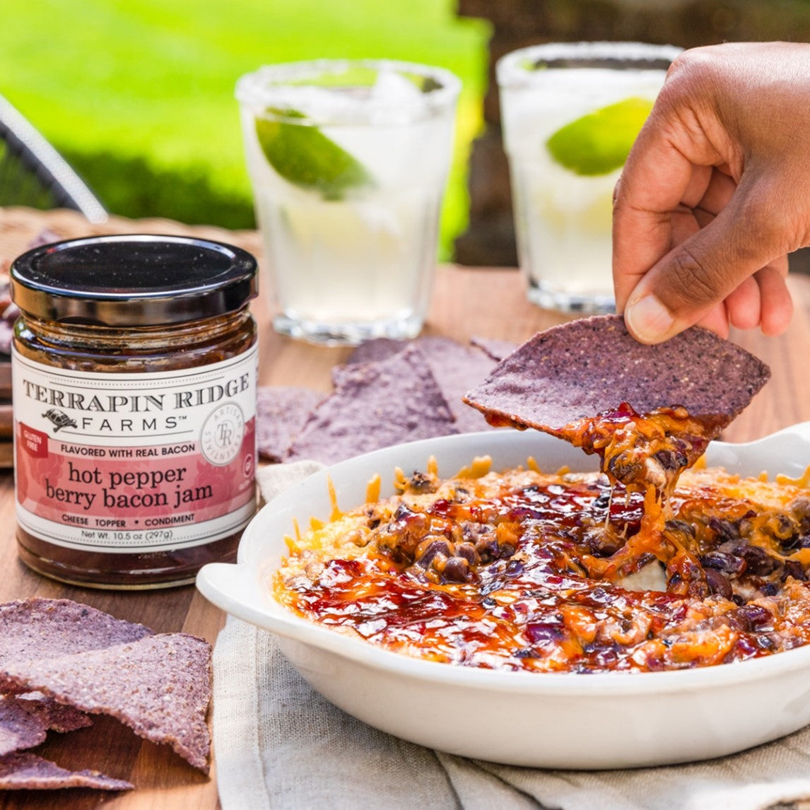 Southwest Dip with Hot Pepper Berry Bacon Jam