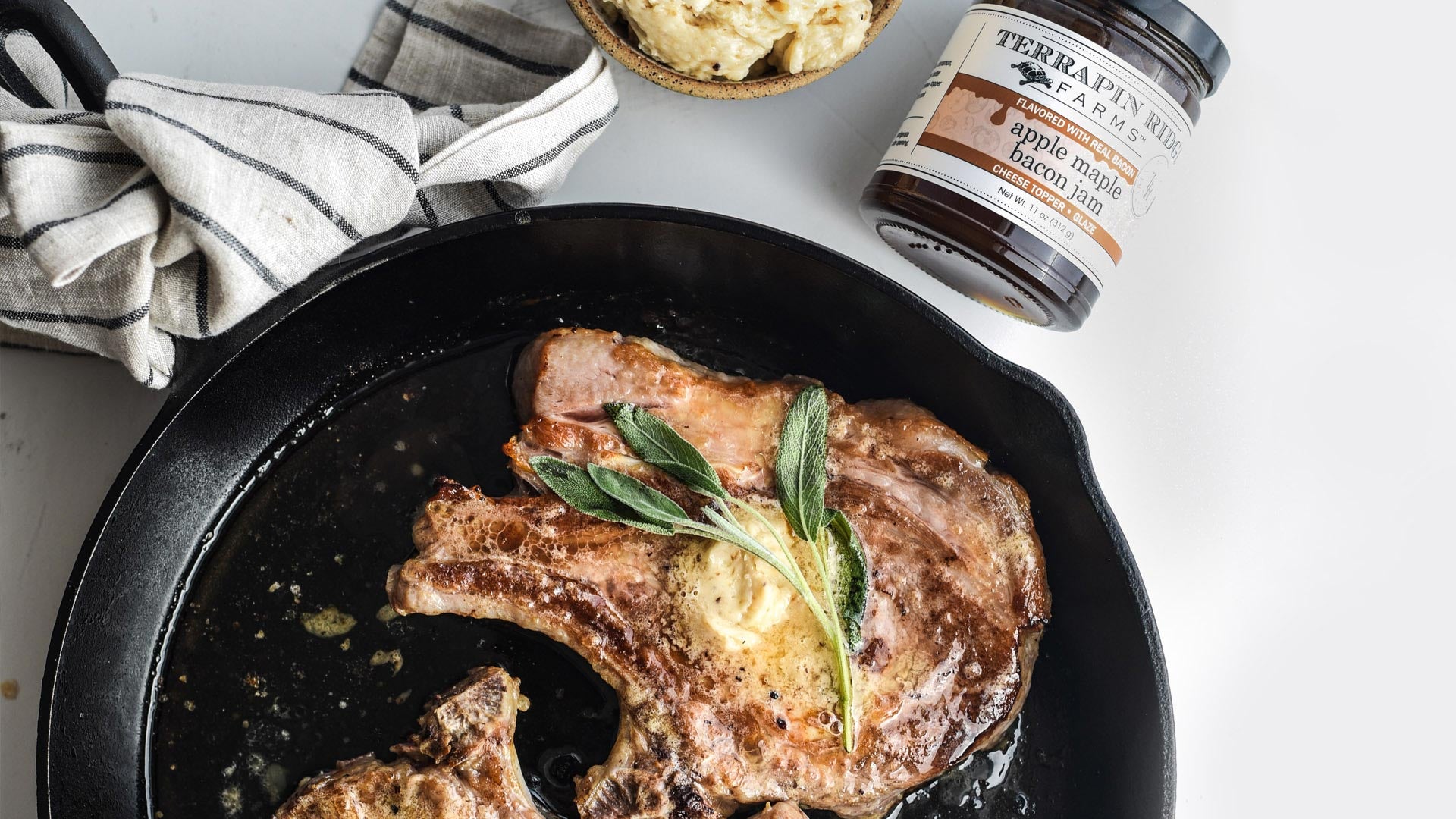 Pork Chops with Whipped Apple Maple Bacon Butter with Terrapin Ridge Farms Apple Maple Bacon Jam