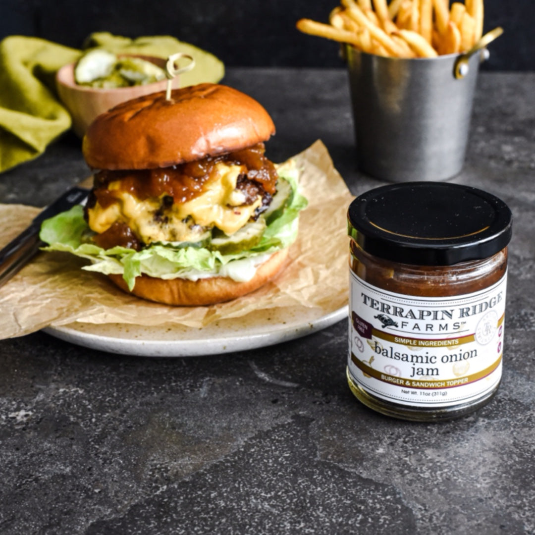 Double Smash Burger with Balsamic Onion Jam and French Fries