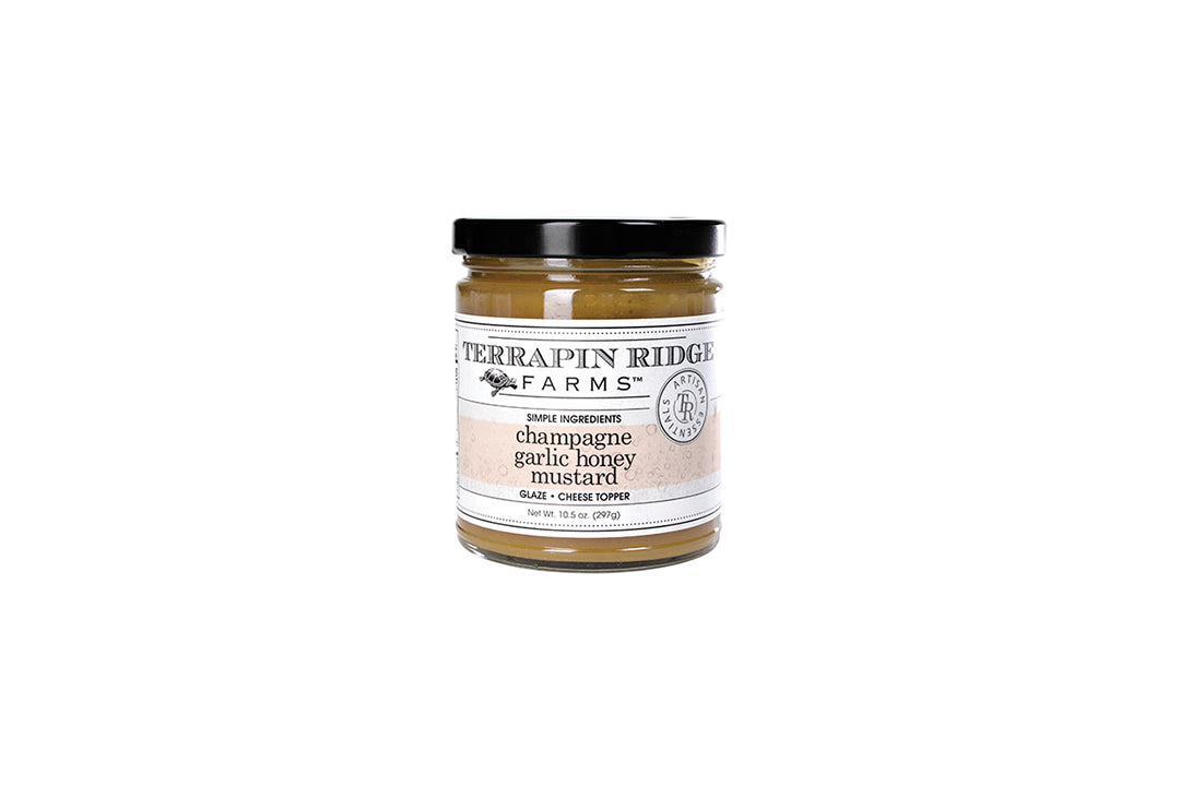 Champagne Garlic Burger with Jar of Terrapin Ridge Farms Champagne Honey Garlic Mustard