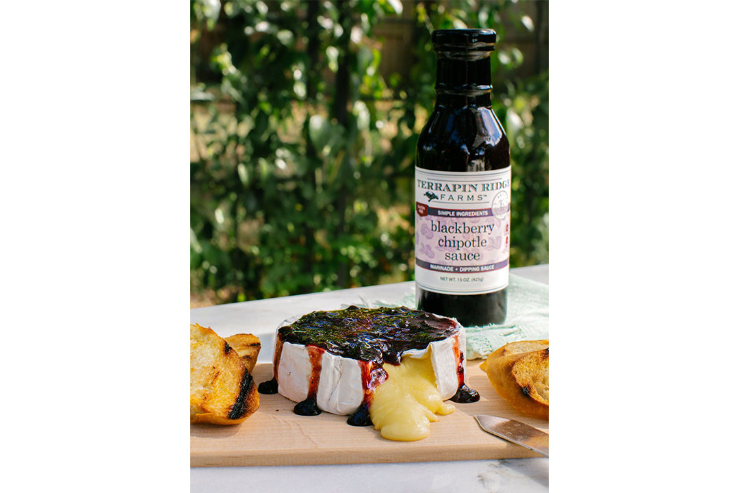 Blackberry Chipotle Grilled Planked Brie with Terrapin Ridge Farms Blackberry Chipotle Sauce