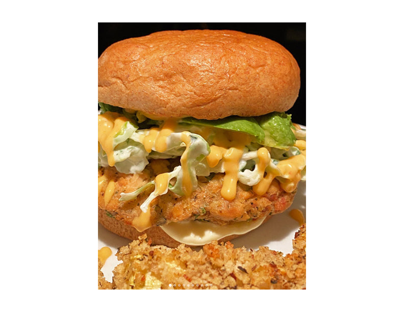 Salmon Sandwich Burger with Terrapin Ridge Farms Sriracha Horseradish Sauce
