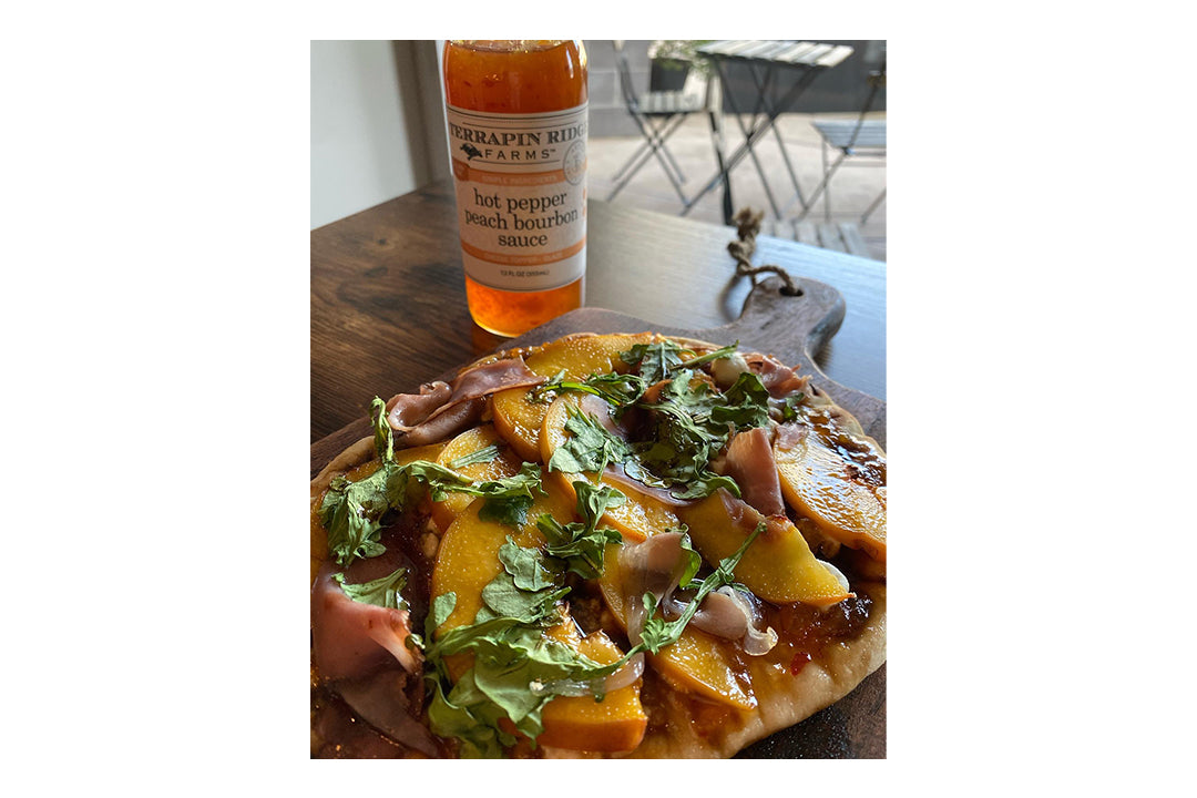 Hot Pepper Peach Bourbon & Prosciutto Flatbread with Terrapin Ridge Farms Hot Pepper Peach Bourbon Sauce