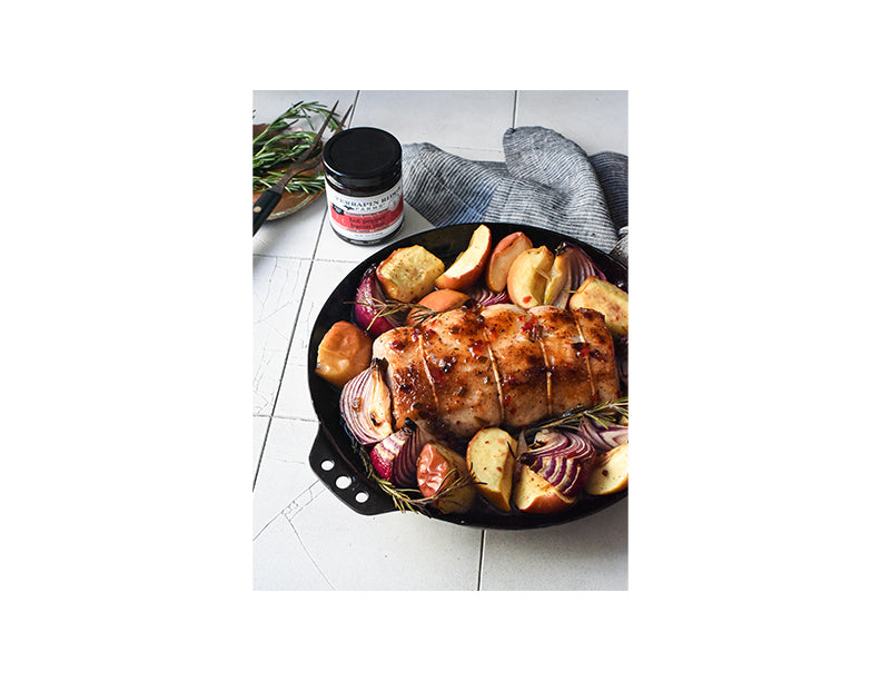 Hot Pepper Bacon Jam-Glazed Pork Loin with Apples and Onions with Terrapin Ridge Farms Hot Pepper Bacon Jam