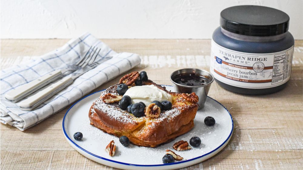 Stuffed French Toast with Ricotta and Blueberry Bourbon Pecan Jam 