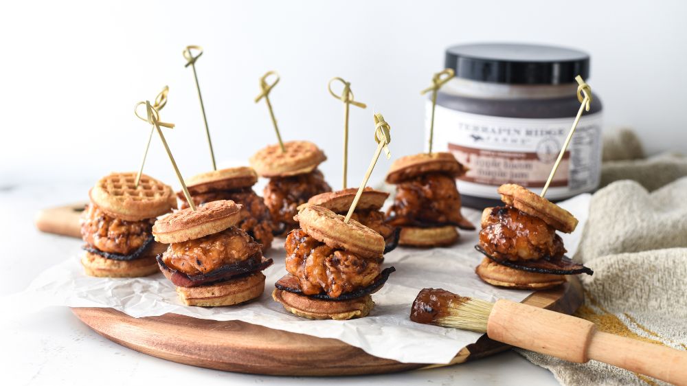 Mini Fried Chicken 'n Waffle Sandwiches Featuring Apple Maple Bacon Jam
