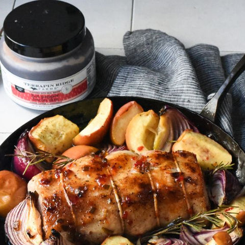 Glazed Pork Loin with Apples, Onions, and Hot Pepper Bacon Jam recipe