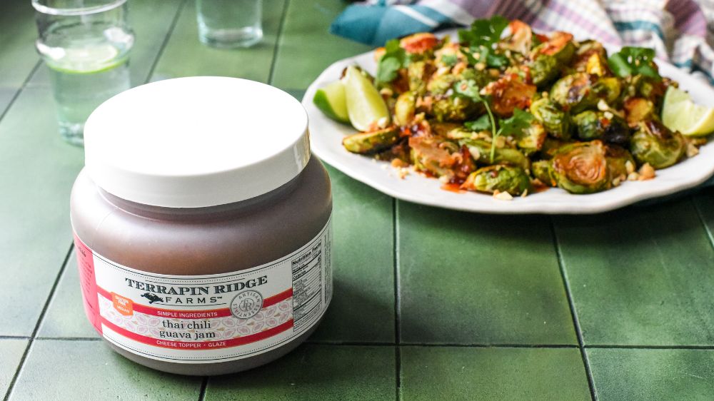 Sticky Thai Brussels Sprouts with Thai Chili Guava Jam