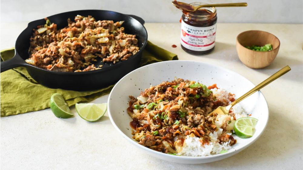 Egg Roll Bowl with Terrapin Ridge Farms Thai Chile Guava Jam