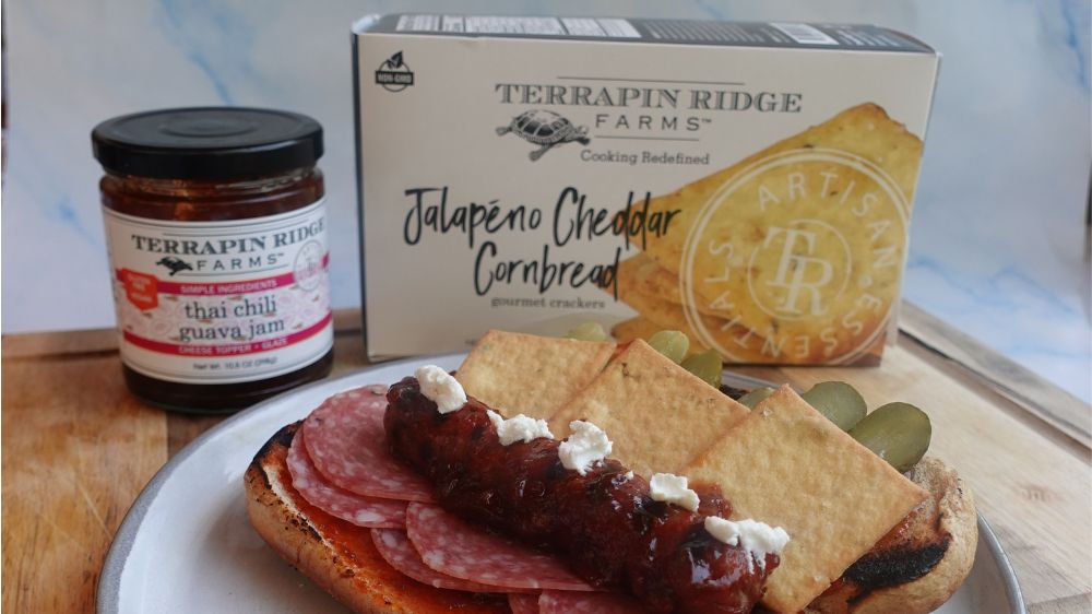 Charcuterie Dog with Terrapin Ridge Farms Thai Chili Guava Jam