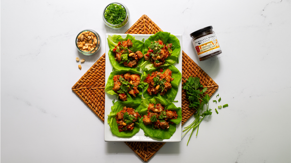 Gluten-Free Pineapple Aji Amarillo Chicken Lettuce Wraps with Pineapple Aji Amarillo Jam