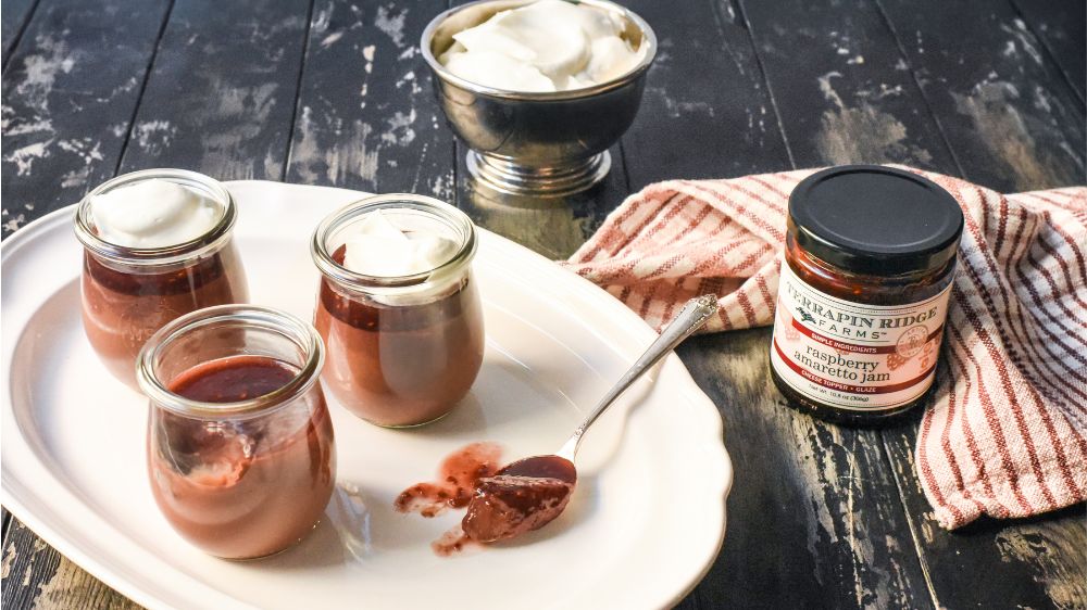 Easy Chocolate Pots de Crem with Raspberry Amaretto Jam