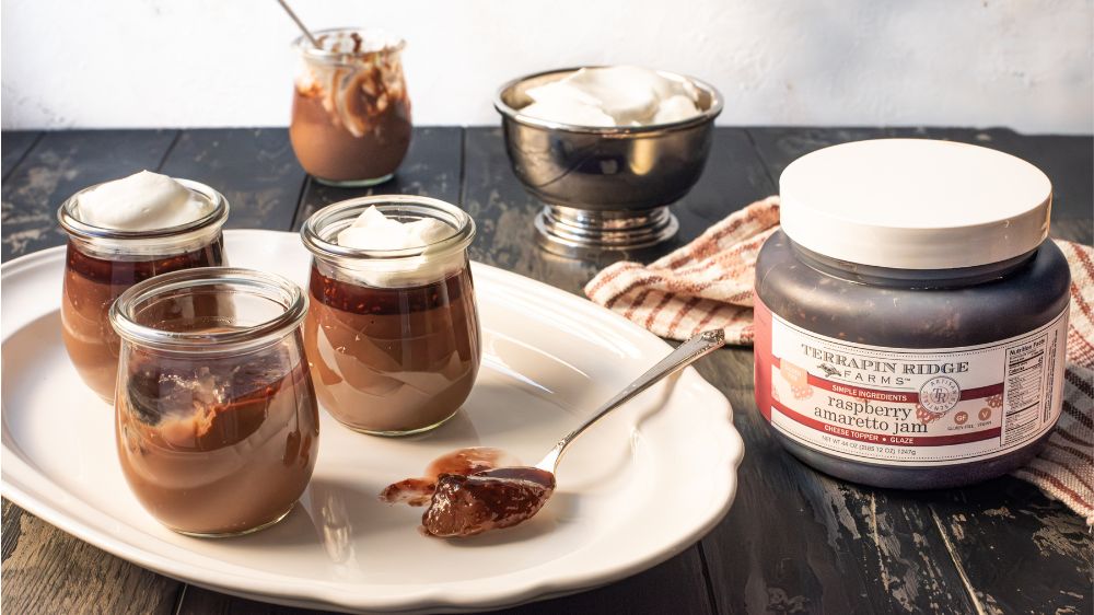 Easy Chocolate Pots de Crem with Raspberry Amaretto Jam