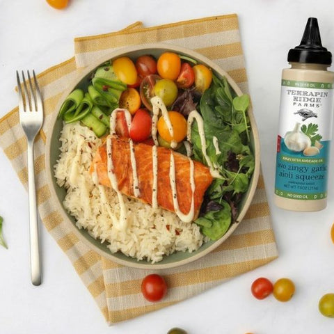 Salmon Bowl with Avo Zingy Garlic Aioli Garnishing Squeeze recipe