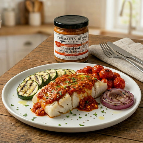 Baked Cod with Roasted Red Pepper & Feta Dip and Mediterranean Vegetables recipe