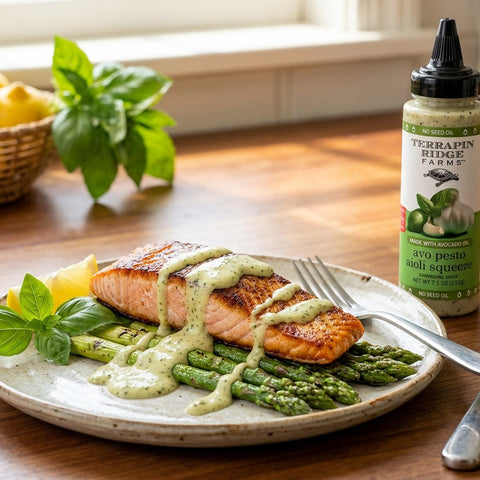 Avo Pesto Aioli Salmon with Asparagus recipe