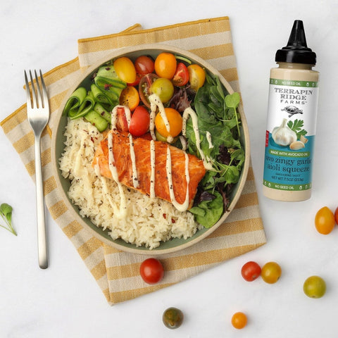 Salmon Bowl with Avo Zingy Garlic Aioli Garnishing Squeeze recipe