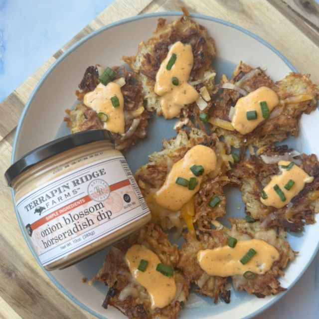 Loaded Latkes with Onion Blossom Horseradish Dip