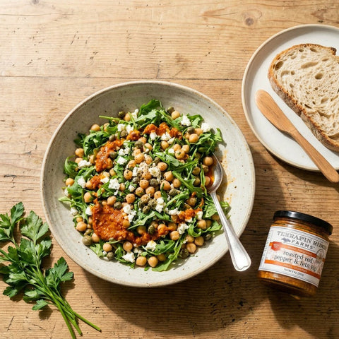 No Chop Chickpea & Roasted Red Pepper Feta Salad recipe
