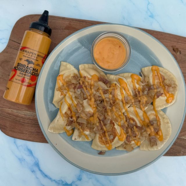 Loaded Pierogies with Sriracha Horseradish Garnishing Squeeze