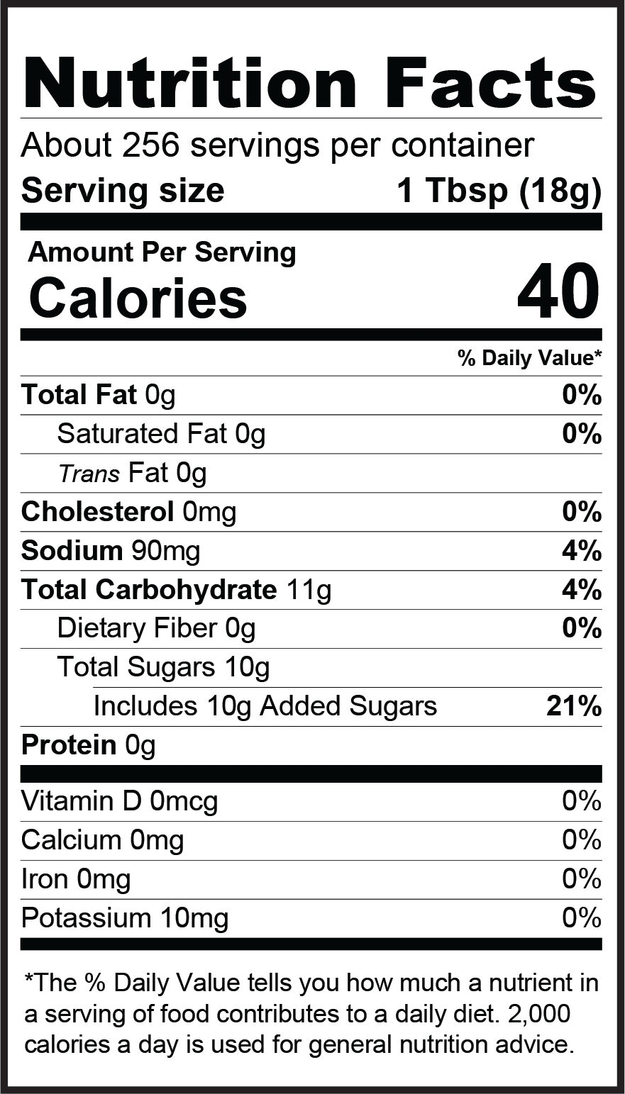 Nutrition Facts for Hot Pepper Bacon Jam - 1 gallon jug