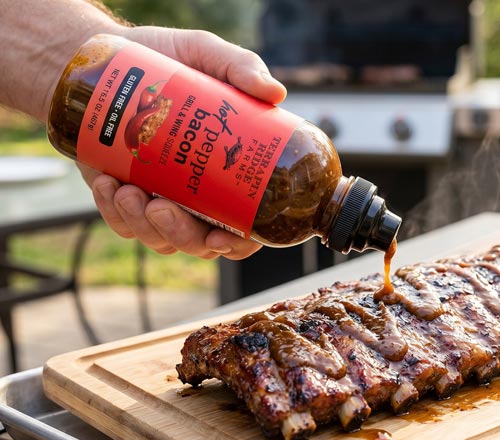 View A hand holds a bottle of Hot Pepper Bacon sauce and drizzles it over grilled ribs on a wooden cutting board in an outdoor setting.