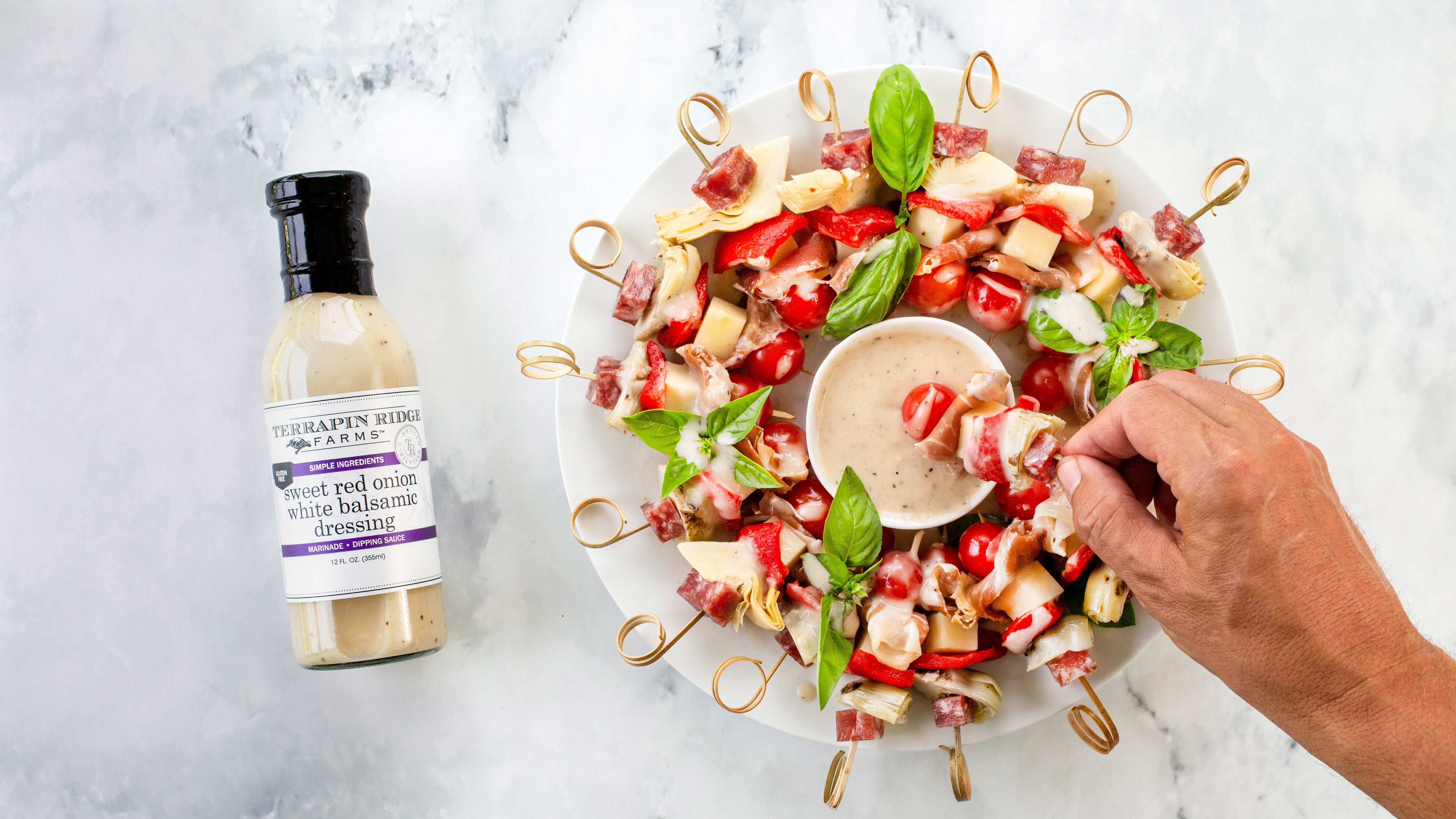 Sweet Red Onion White Balsamic Dressing anit pasto skewers